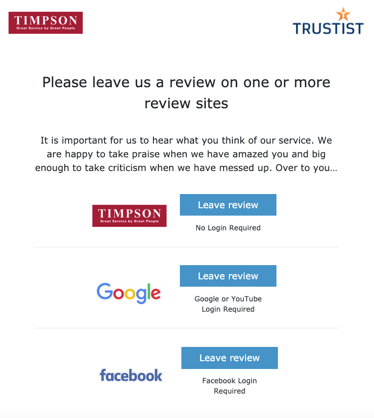 Timpson review collection screen